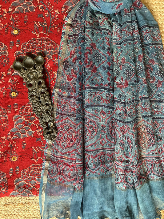 MAROON AJRAKH HANDBLOCK AND HAND EMBROIDERY KURTA WITH KOTA AJRAKH DUPATTA