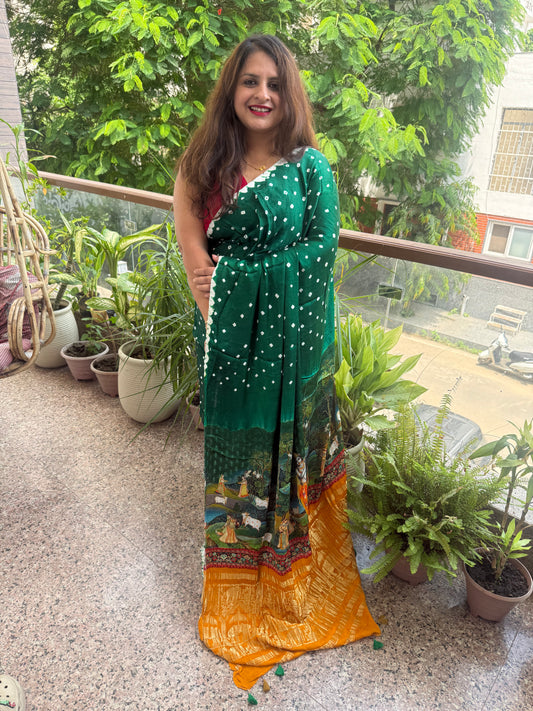 Bottle green modal silk bandhani  sari with pichwai print