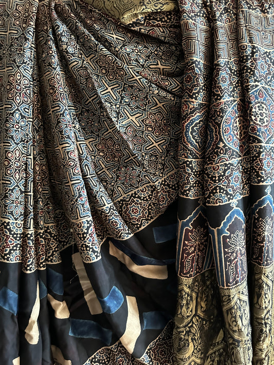 INDIGO BLACK DOLA  SILK AJRAKH ZARI BORDER SARI