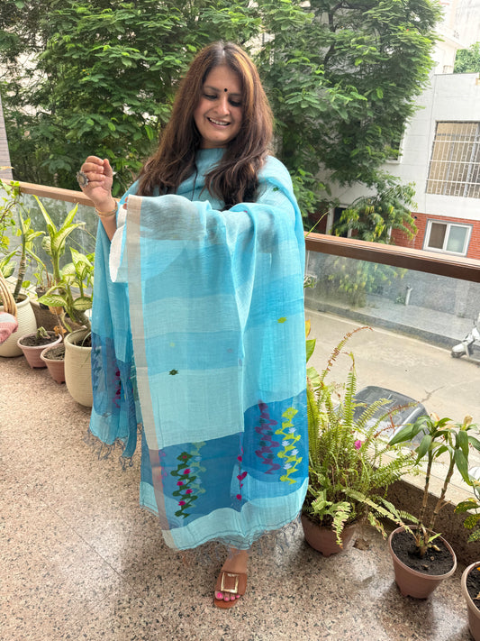 Powder Blue Jamdani Tissue Linen Handwoven kurta set