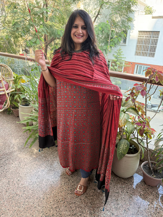 MAROON AJRAKH MODAL SILK HANDBLOCK KURTA SET