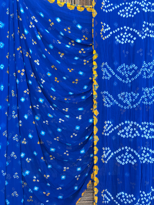 Navy Blue Bandhani handcrafted  chiffon sari