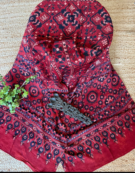 MAROON AJRAKH MODAL SILK STOLE WITH HAND EMBROIDERY MIRROR WORK