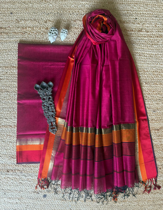 JAZZBERRY JAM PINK MAHESHARI BORDER SILK HANDLOOM KURTA SET