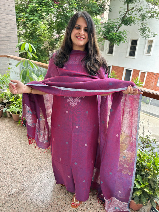 EMINENCE PURPLE WOVEN LINEN  KURTA SET LJS-1038
