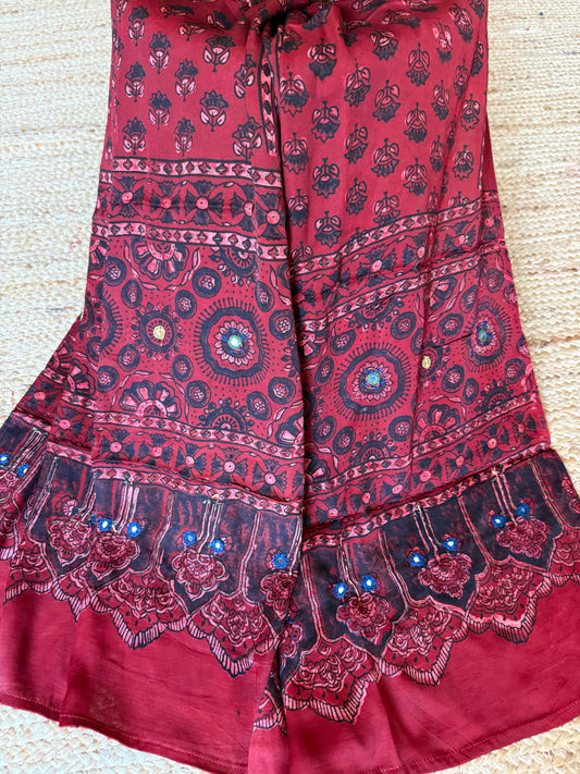 MAROON AJRAKH MODAL SILK STOLE WITH HAND EMBROIDERY MIRROR WORK
