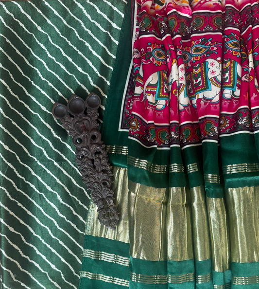 Green leheriya mashru silk kurta with patola handcrafted modal silk dupatta