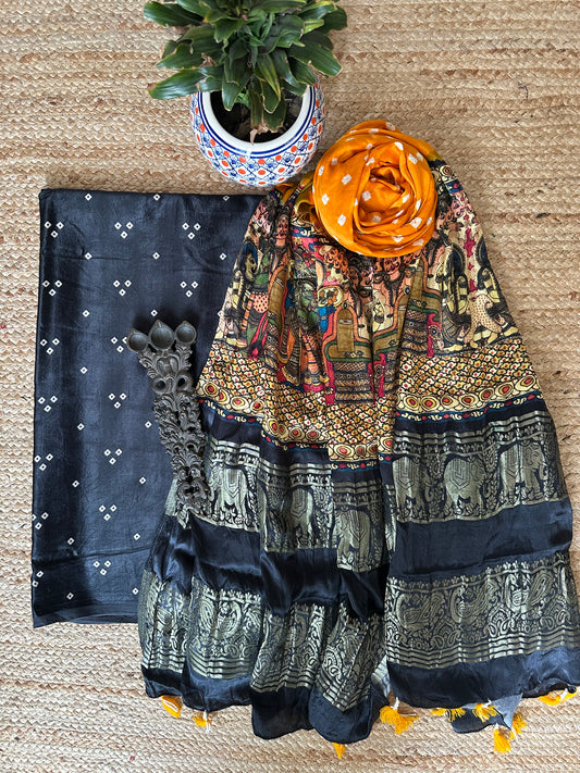 BLACK MASHRU KURTA WITH BANDHANI PICHWAI HANDCRAFTED  MODAL SILK DUPATTAS PS- 1040