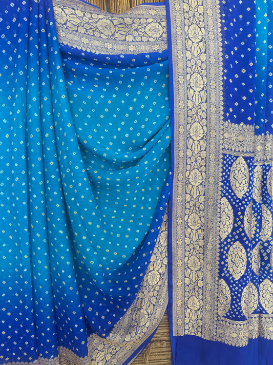 Royal Blue Handwoven Neem Zari Bareek Bandhani Saree with Khaddi Georgette BS- 303
