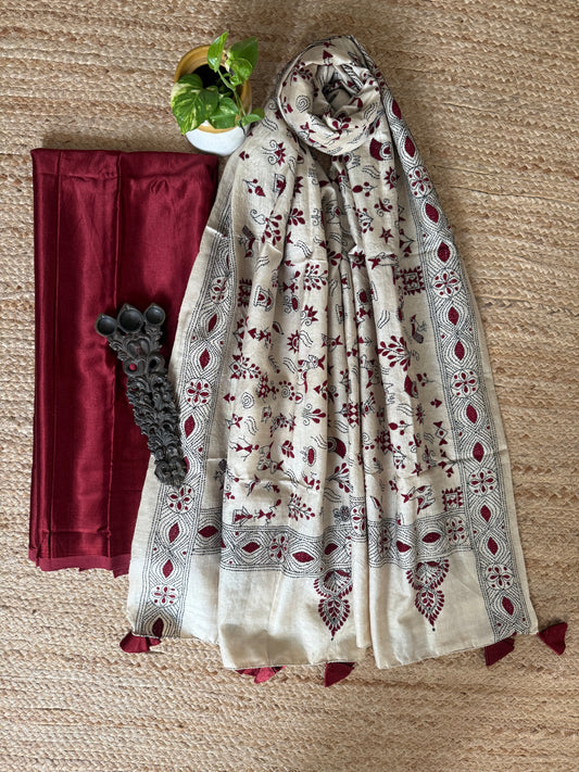 Maroon Solid mashru silk kurta with Natural Beige kantha work hand embroidery  Pure Tussar Silk dupatta