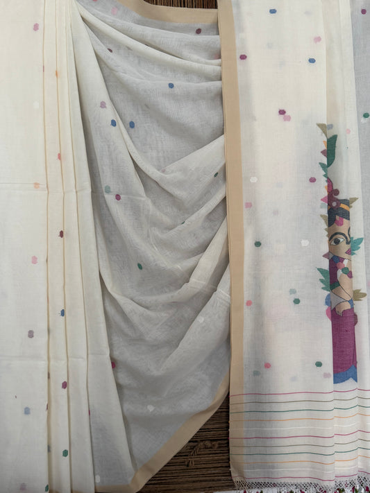 WHITE CLASSIC  AUTHENTIC HANDWOVEN JAMDANI WEAVING PURE COTTON SARI