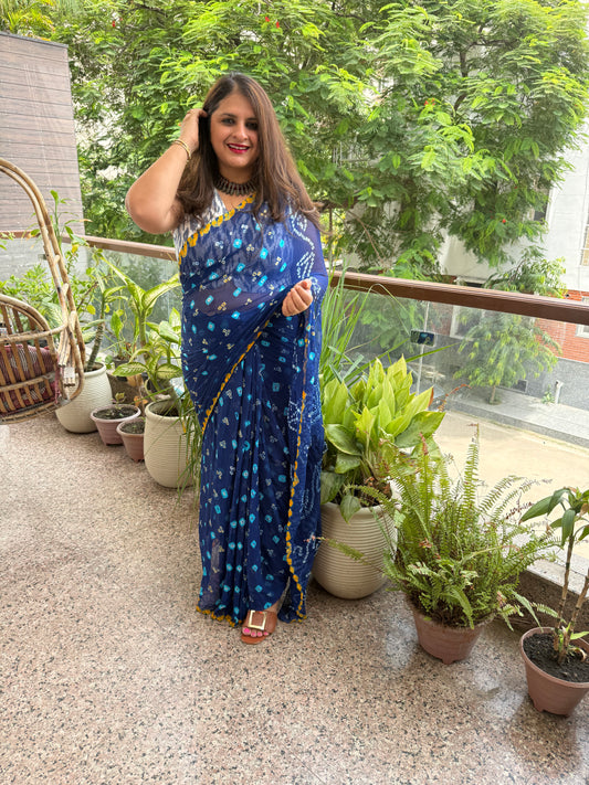 Sapphire Blue Bandhani handcrafted  chiffon sari