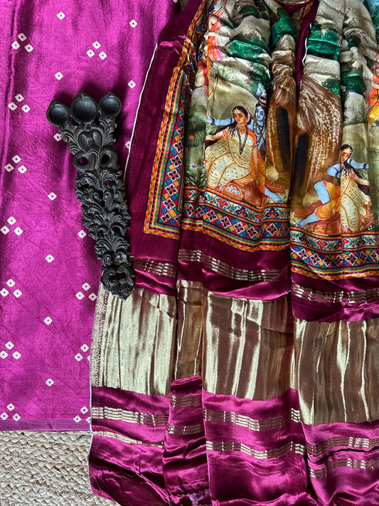 MAGENTA PURPLE THREE DOT MASHRU SILK KURTA WITH PATOLA HANDCRAFTED MODAL SILK DUPATTA PS-48