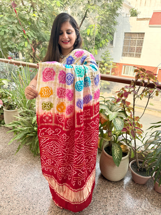 RED MULTI COLOUR GAJJI SILK GHARCHOLA RAI BANDHANI GAJJI SARI  BS- 2016