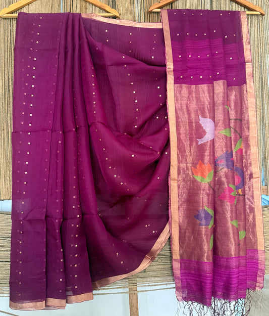 Pompadour Purple Jamdani sequence work handwoven pure muslin silk sari With Paithani Jamdani Pallu  and  Matka Silk Blouse Piece