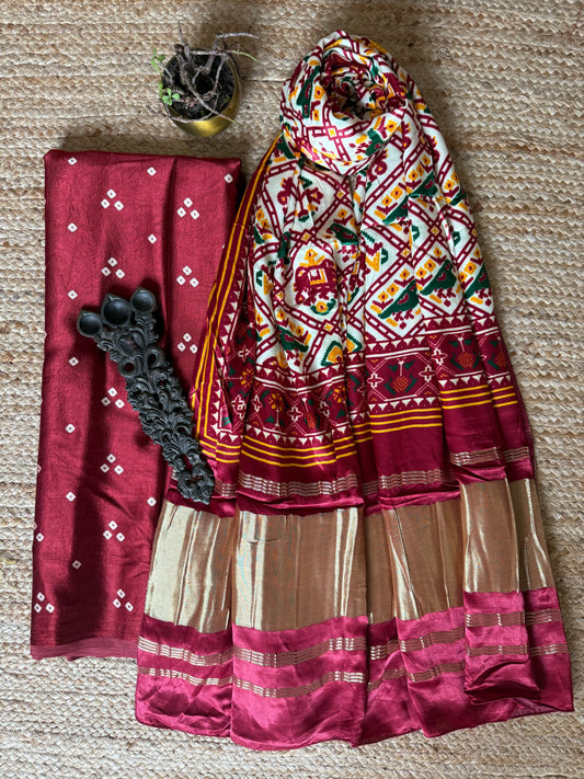 MAROON THREE DOT MASHRU SILK KURTA WITH  PATOLA PICHWAI HANDCRAFTED MODALSILK DUPATTA PS-250