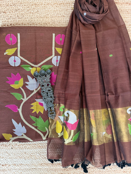 Wood Brown handwoven jamdani pure cotton silk kurta set mjk-