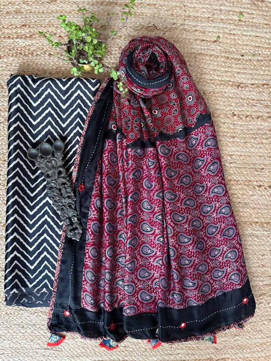BLACK MASHRU SILK KURTA WITH AJRAKH PATCHWORK  HANDCRAFTED  MODAL SILK DUPATTA PWK-23