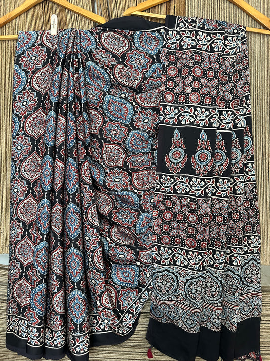 BLACK BADAM BUTTA AJRAKH MODAL SILK SARI WITH BORDER
