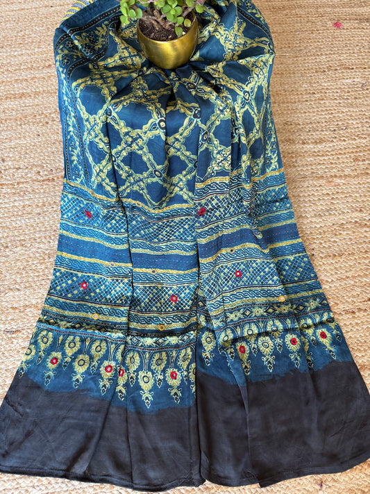 INDIGO BLUE AJRAKH MODAL SILK STOLE WITH HAND EMBROIDERY MIRROR WORK