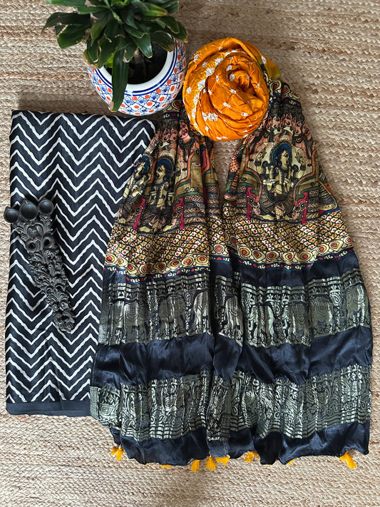 BLACK MASHRU KURTA WITH BANDHANI PICHWAI HANDCRAFTED  MODAL SILK DUPATTAS