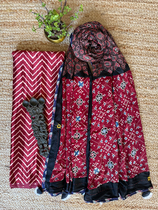 MAROON MASHRU SILK KURTA WITH AJRAKH PATCHWORK  HANDCRAFTED  MODAL SILK DUPATTA PWK-28