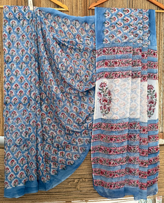 Dusty Blue Georgette doria handblock sari