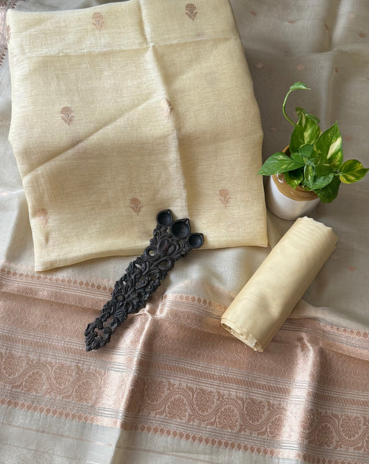 Lime Yellow Linen  handloom banarsi kadwa booti meenakari three piece suit