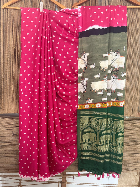 PINK & GREEN MODAL SILK BANDHANI  SARI WITH PICHWAI PRINT BPS 42