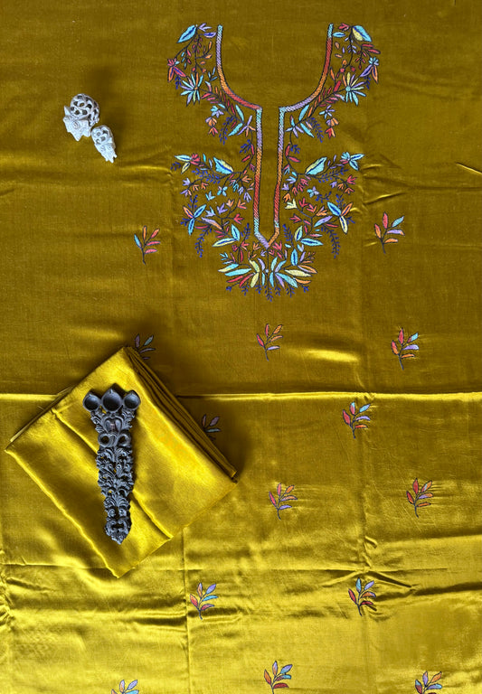 MUSTARD MASHRU SILK HAND EMBROIDERY KASHMIRI HANDEMBROIDERY SOZNI WORK CORD SET Cs- 22