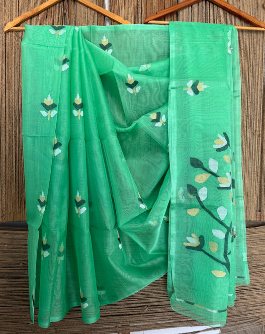 Green jamdani handwoven pure muslin silk sari