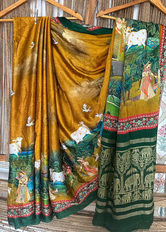 MUSTARD PICHWAI  MODAL SILK PATOLA PRINT SARI WITH ZARI BORDER