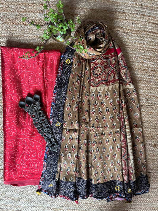 RED MASHRU SILK KURTA WITH AJRAKH PATCHWORK  HANDCRAFTED  MODAL SILK DUPATTA PWK-20