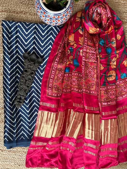 BLUE  MASHRU  SILK KURTA WITH PATOLA HANDCRAFTED MODAL SILK DUPATTA PS- 1012