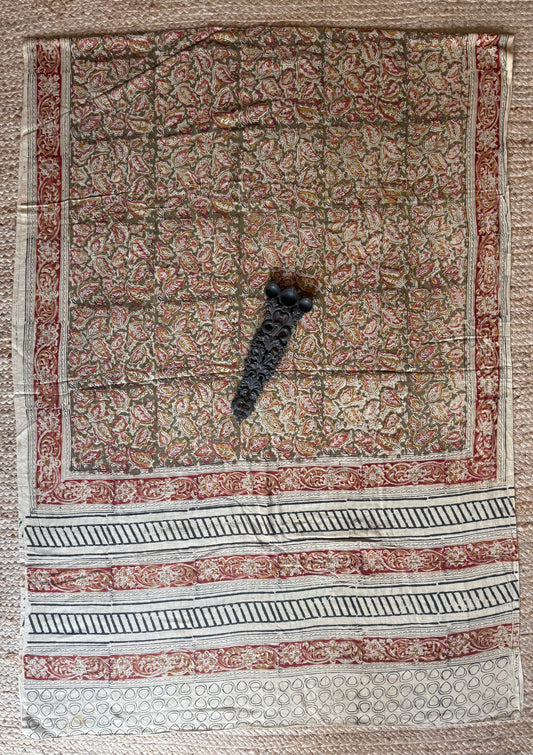 MEHENDI GREEN MAROON BEIGE KALAMKARI MULL COTTON HANDCRAFTED DUPATTA