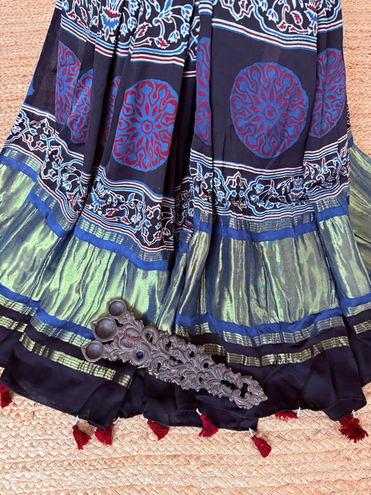 Black ajrakh silk zari woven dupatta