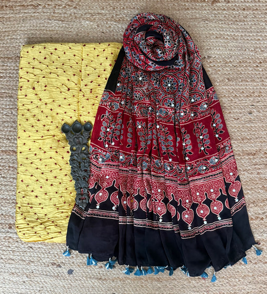 Laguna Yellow Ajrakh Modal Silk Handcrafted Kurta With Maroon Ajrakh Handcrafted Mirror Work Modal Silk Dupatta