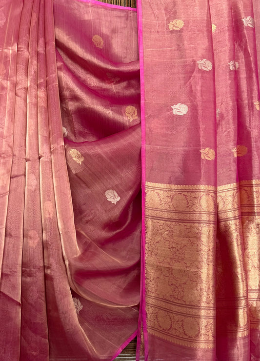 Fuscia Pink Kora Tissue silk certified  handloom banarsi sari with woven zari