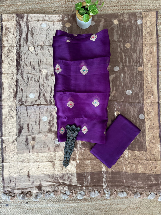 Plum Purple kora silk certified handloom banarsi kadwa booti meenakari three piece suit