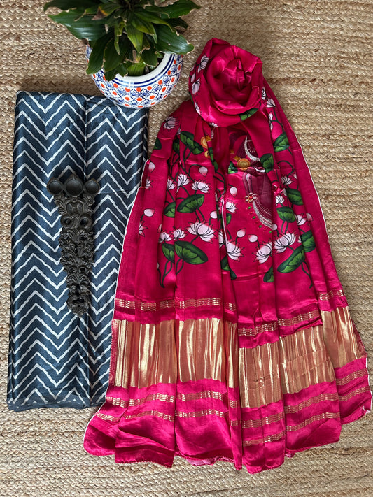 GRAY ZIGZAG MASHRU SILK KURTA WITH PATOLA PRINTED MODAL SILK DUPATTAS  PS-18
