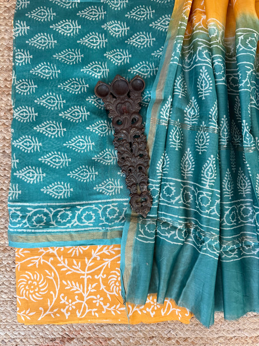Aegean blue chanderi handblock suit set