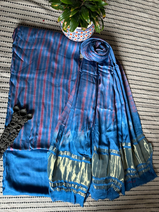 Blue Peach Silk Shibori  Kurta with Shibori  handcrafted Modal Silk Dupatta