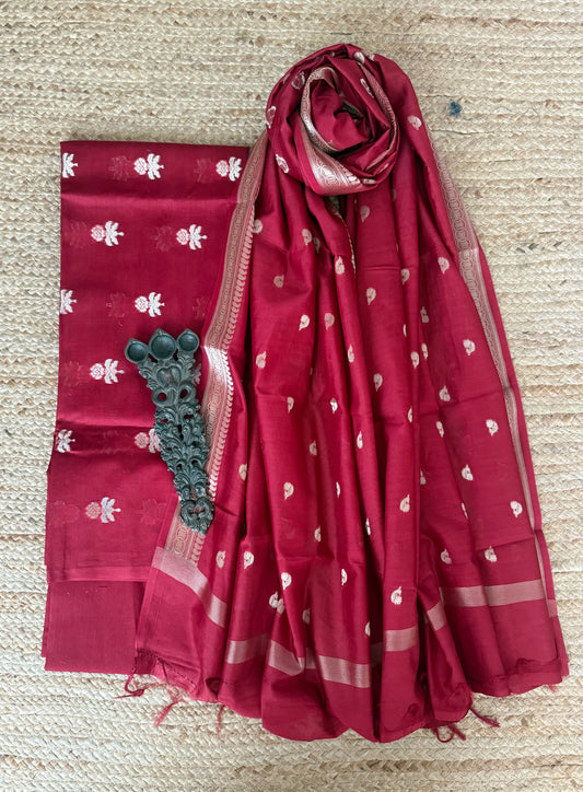 Vivid Maroon Chanderi handloom  banarsi booti three piece suit