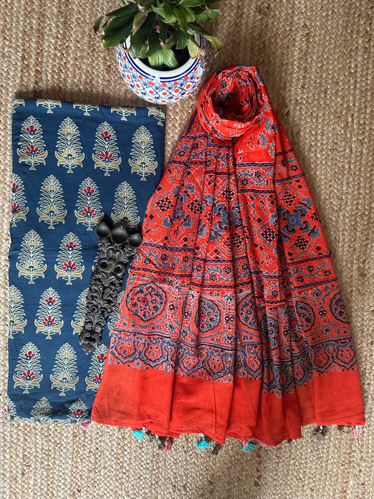SAPPHIRE BLUE AJRAKH HANDBLOCK AND HAND EMBROIDERY KURTA WITH  AJRAKH HAND EMBROIDERY DUPATTA