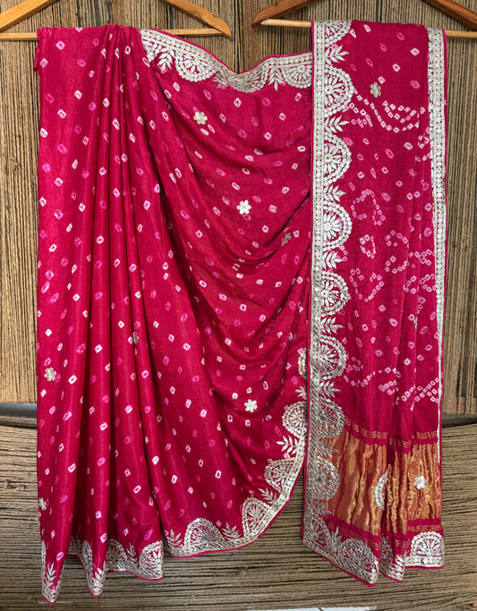 FUCHSIA PINK RAI BANDHANI MODAL SILK SARI WITH HANDEMBROIDERY GOTTA PATTI  BS- 406