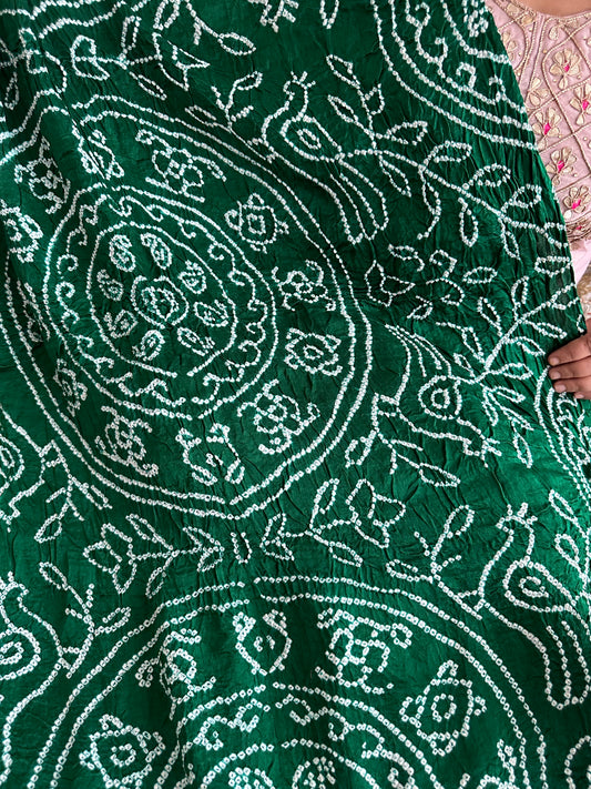 BOTTLE GREEN CHANDMUKHI RAI BANDHANI GAJJI SILK HANDWOVEN  DUPATTA