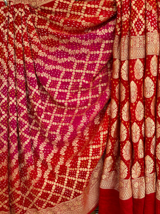 Red Pink Handwoven NeemZari Bareek Bandhani Saree with Khaddi Georgette