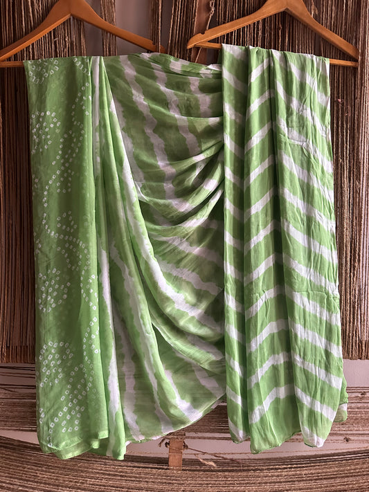 OLIVE GREEN BANDHANI LEHERIYA HANDCRAFTEDCHIFFON SARI