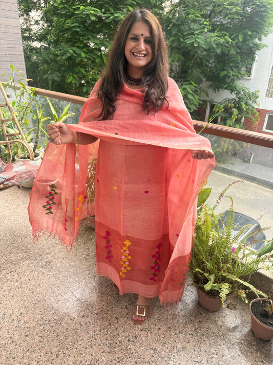 Soft Blush Pink Jamdani Tissue Linen Handwoven kurta set