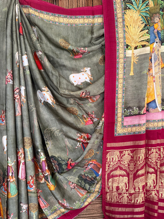 Grey maroon   pichwai  modal silk patola print sari with zari border pms- 1073